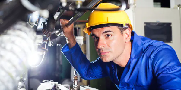 A Man in Hardhat Checking Factory Machinery